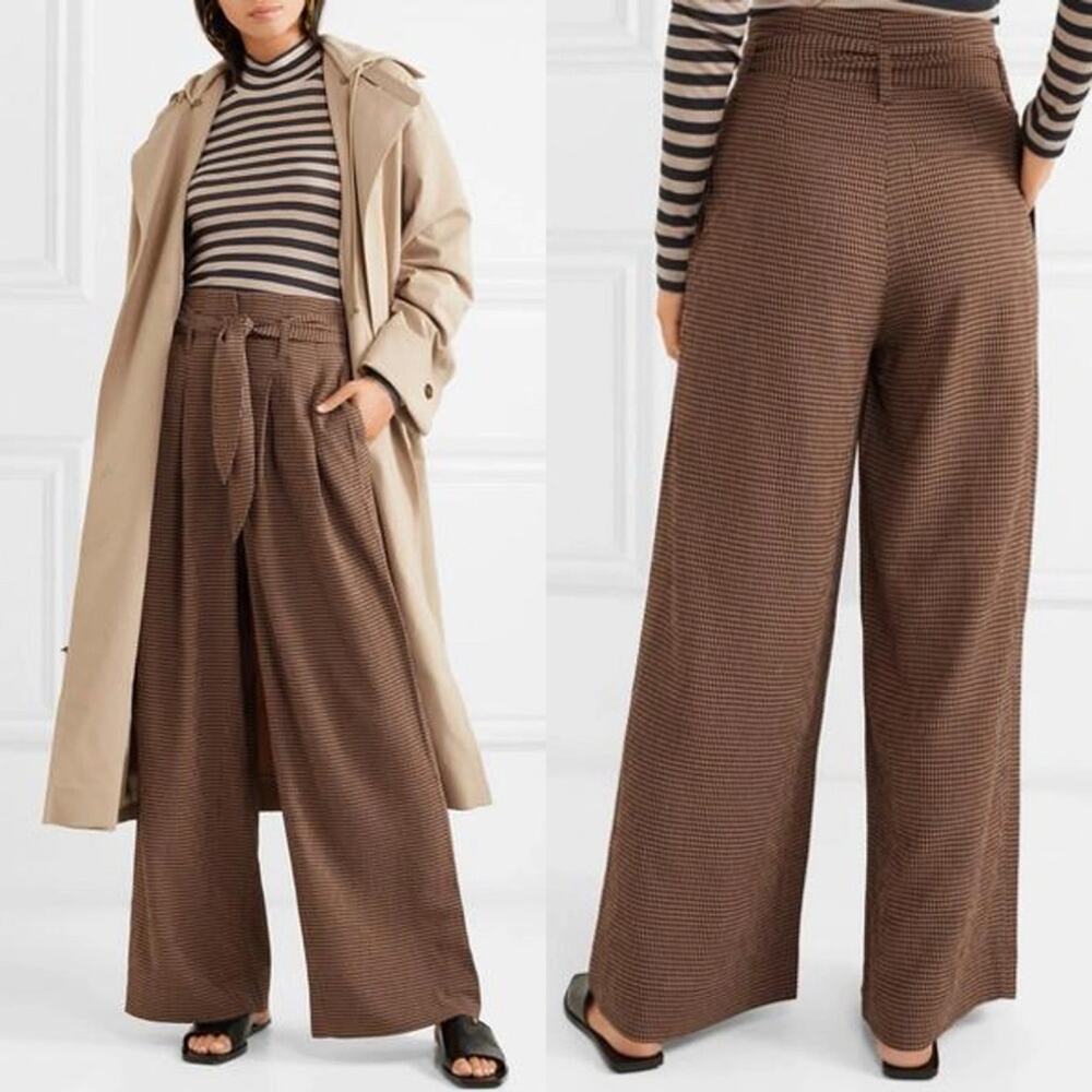 NANUSHKA Nevada Gingham‎ Woven Wide Leg Pants In Brown Tie Waist Womens Size S